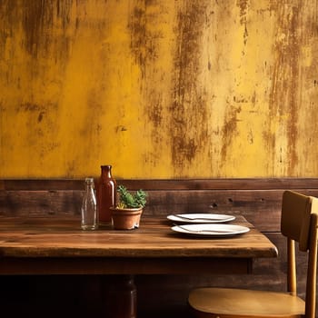 Rustic restaurant table setting with yellow ruined wall and empty dishes with a chair