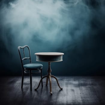 Mysterious scene with an antique chair and table, fog and blue background, alone and sad concept,