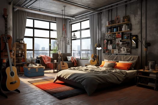 bedroom features an industrial loft style with a musician’s touch, complete with guitars, records, and a city view. The room has a large window with a view of the city. The bed is in the center of the room with orange throw pillows and a gray blanket. There are multiple guitars and records on the bookshelf and the floor. The room also has a sofa, a coffee table, a plant, and a brick wall. The ceiling has exposed pipes and a clock. The room is cozy and stylish.