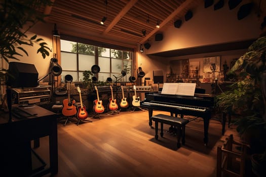 A photo of a well-equipped music studio with various instruments and recording equipment