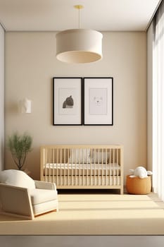 A mock up of 2 frames in A nursery room with a wooden crib, framed animal prints, and a white pendant lamp