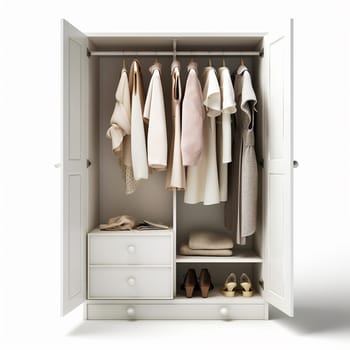 white wardrobe with two doors and two drawers, filled with clothes and shoes in shades of beige, gray, and pink