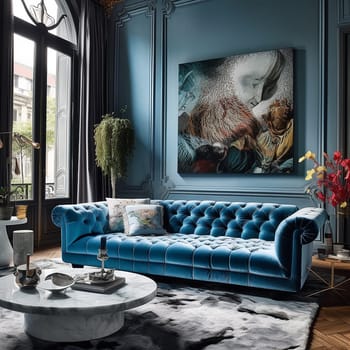 Elegant luxury living room with a blue velvet sofa, round marble table, and contemporary artwork in a classic interior.
