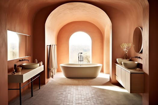 Elegant modern bathroom with a freestanding bathtub, double vanity, and terracotta tones.