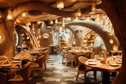 Elegant restaurant interior with unique tree-like wooden structures, warm lighting, and set tables, creating a cozy, fantasy-inspired ambiance.