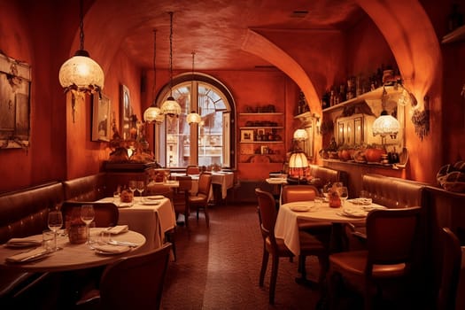 Cozy restaurant interior with warm lighting, baroque style, arched windows, and elegant table settings with red and cold tone