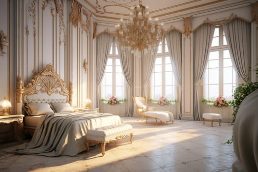 Luxury classic bedroom interior with elegant gold and white furniture, hotel room, sunlight streaming through large windows.