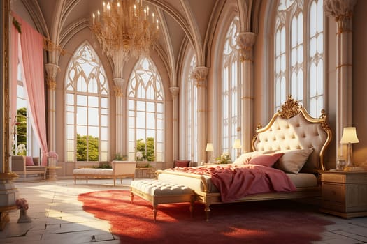 Luxury classic bedroom interior with elegant gold and white furniture and sunlight streaming through large windows.