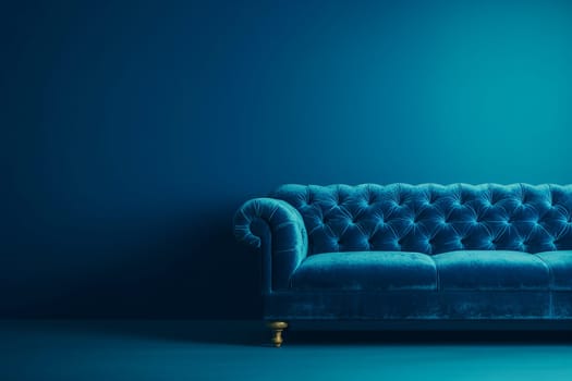 Modern blue sofa couch against a plain blue wall with copy space. Interior design concept.