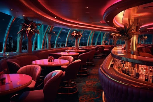 Luxury lounge with neon lighting, plush seating, and a modern bar area. red and pink tone