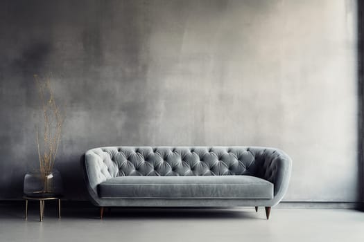 Elegant light grey sofa against a textured grey wall, with minimalist and luxury interior design concept.