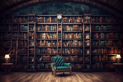 Cozy reading nook with a green armchair and standing lamp in a vintage library with a ladder and book shelve, wood library illustration