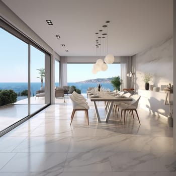 Modern minimalist living room with large windows overlooking the sea, white marble floor, and stylish furniture.