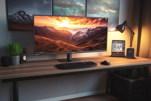 A mock up desk with a computer laptop on a wood table, minimalistic style, with lamp on desk