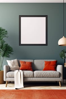 A modern mock up square frame in a living room with grey sofa and red pillow with potted plant, red carpet and navy blue wall