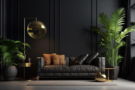 Elegant modern living room interior with black leather sofa, decorative plants, and golden accents on dark walls.