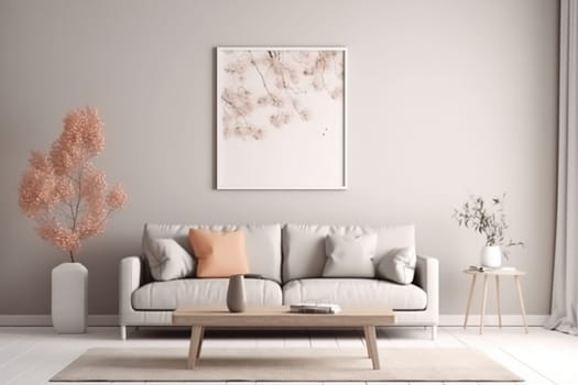 Mock up for a vertical frame, minimalist living room interior with a blank frame, gray sofa, indoor plant, and decorative vase on a side table.