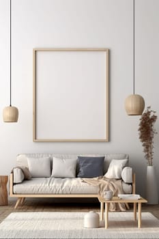 Mock up for a vertical frame, minimalist living room interior with a blank frame, gray sofa, indoor plant, and decorative vase on a side table.