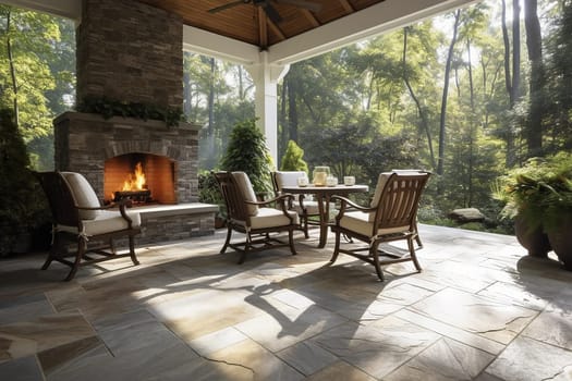 This photo showcases a luxurious outdoor living space with a fireplace and comfortable seating