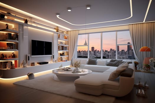 Modern living room interior with cityscape view during sunset, featuring stylish furniture and ambient lighting.