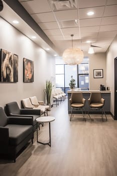 a spacious and professionally designed waiting room with modern furniture, art, and decor in neutral colors