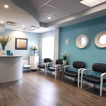 A waiting room with a modern design and bright colors, with a reception desk and seating area. The walls are painted a light blue color and there are three round mirrors hanging on the wall. There is a white reception desk with a vase of flowers on it. The seating area consists of white chairs with gray cushions.