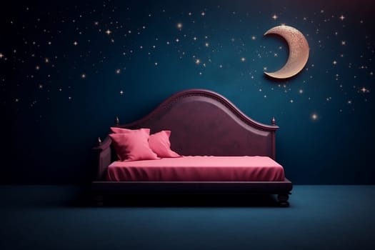 Dream Bedroom with Starry Night Sky wallpaper, gold and blue, red couch