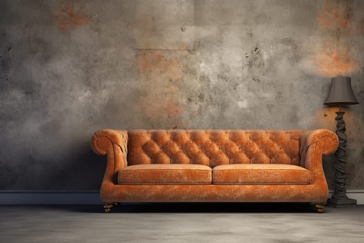 Vintage Orange Leather Sofa in a Modern Living Room with ruined wall, rusty wallpaper, lamp