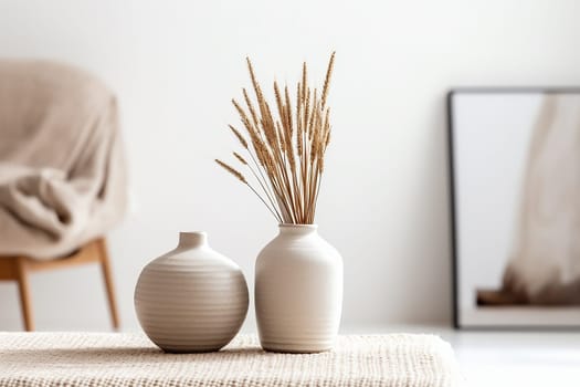 A white clean vase with dried flowers, beauty concept photo background