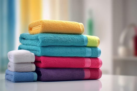 A tide pile of fresh and clean towel, all folded in a bathroom, colorful towels