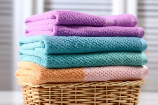 A tide pile of fresh and clean towel, all folded in a bathroom, colorful towels