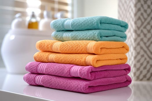 A tide pile of fresh and clean towel, all folded in a bathroom, colorful towels