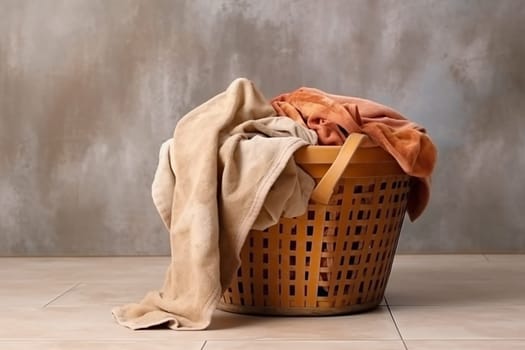A basket full of dirty laundry, basket with a lot of clothes to wash, mess of clothes