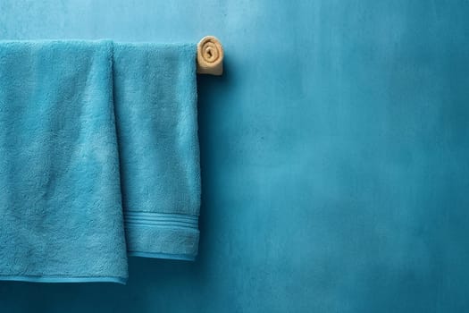 A couple of washed fresh and clean towels in a bathroom, azure background