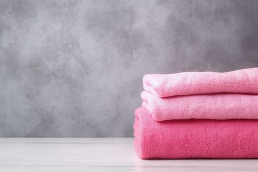 A tide pile of fresh and clean pink towel, all folded in a bathroom, colorful towels