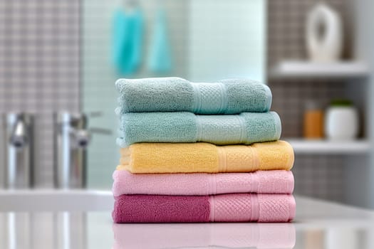 A tide pile of fresh and clean towel, all folded in a bathroom, colorful towels