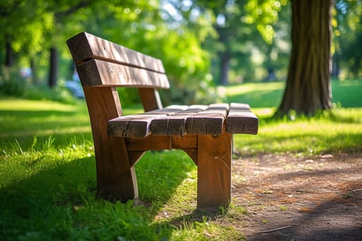 A photo of a bench in a park with tree and grass, bench in a garden on a sunny day outside