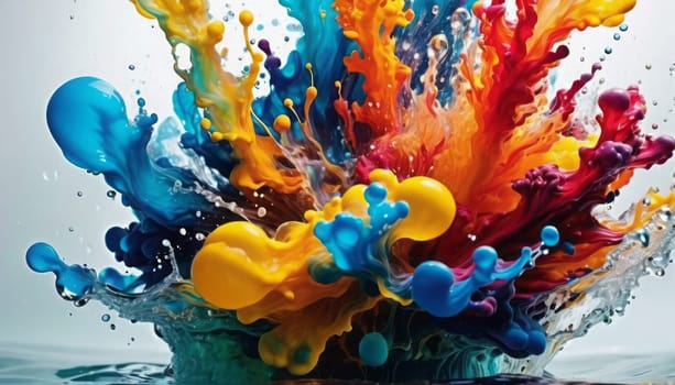 An image capturing a dynamic explosion of colorful paints, creating a visually striking effect with intricate patterns