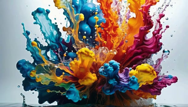 An image capturing a dynamic explosion of colorful paints, creating a visually striking effect with intricate patterns