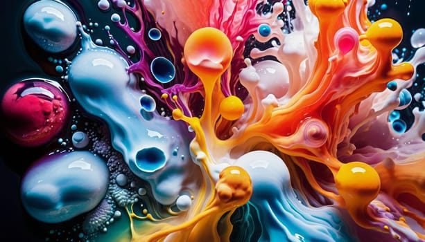 A vibrant abstract image showcasing the dynamic interplay of colorful liquid forms and bubbles in motion