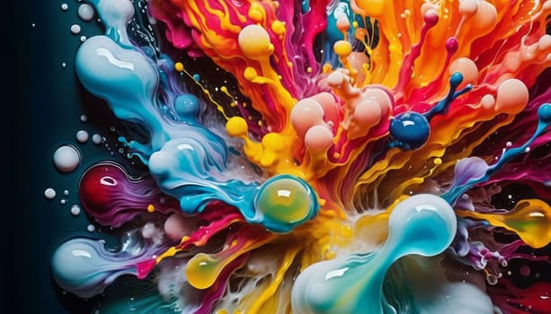 The image captures a vibrant and dynamic explosion of various colored paints against a dark background. Multiple colors including yellow, red, blue, and white are mixing and splashing outward in a dramatic display. The paint forms intricate patterns with some areas where the colors mix creating new shades and others where they remain distinct