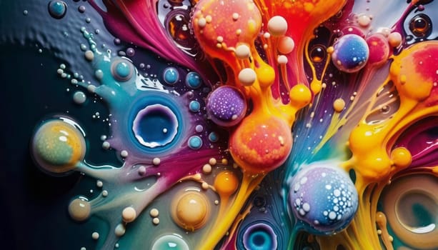 A vibrant abstract image showcasing the dynamic interplay of colorful liquid forms and bubbles in motion