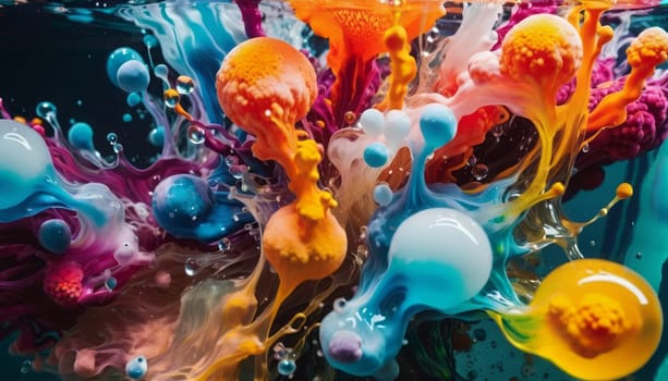 The image captures a vibrant and dynamic explosion of various colored liquids or paints, creating an abstract and visually striking scene. Various colors including blue, orange, yellow, pink, and white are prominently featured