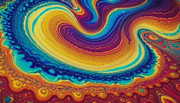 The image showcases a vibrant pattern resembling the surface of a liquid with various colors mixing and creating intricate designs. Dominant colors include shades of blue, yellow, red, and orange, creating a visually striking contrast