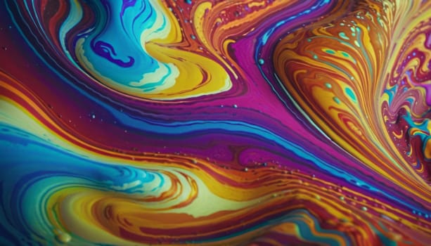 The image displays a captivating dance of swirling colors, creating a dynamic and vibrant pattern on a liquid surface. The interplay of shades including blue, purple, orange, yellow, and red results in a visually striking and energetic scene