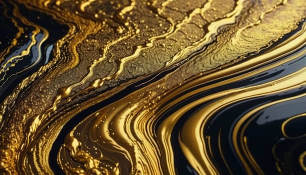 A luxurious display of golden swirls against a glossy black backdrop, showcasing the beauty of fluid dynamics and color contrast