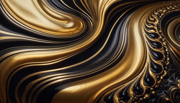 The image displays a luxurious interplay of golden swirls on a glossy black background, demonstrating the mesmerizing beauty of fluid dynamics and color contrast