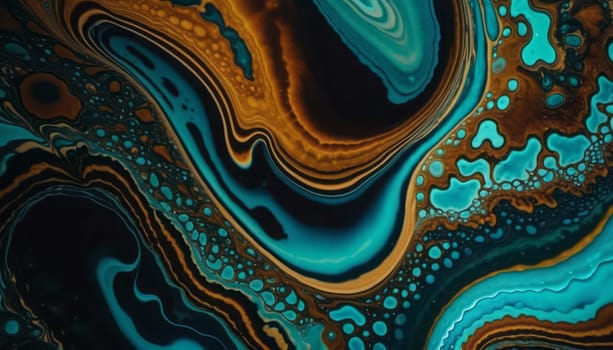 This image captures the mesmerizing beauty of fluid art, featuring swirling patterns of blue and gold that create a sense of depth and movement