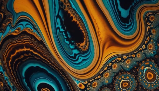 This image captures the mesmerizing beauty of fluid art, featuring swirling patterns of blue and gold that create a sense of depth and movement