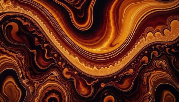 The image presents a dynamic display of fluid art, where warm hues of brown and gold intertwine in a dance of colors, creating an intense and captivating visual experience. The intricate, organic patterns evoke a sense of energy and movement, making the artwork come alive. The overall effect is both mesmerizing and deeply engaging